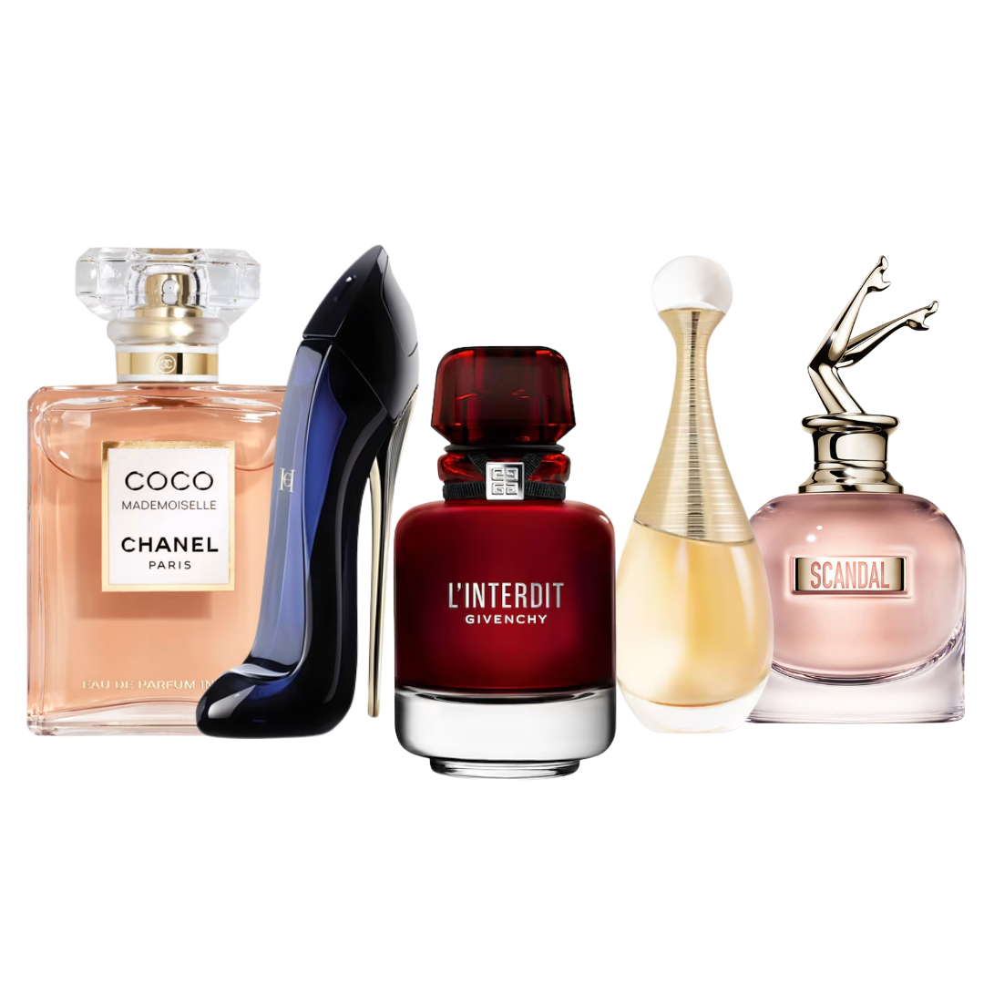 Glam Set – 5×100ml EDP - 1 x Chanel Coco Mademoiselle, 1 x Carolina Herrera Good Girl, 1 x Givenchy L'Interdit Rouge, 1 x Dior J'adore, 1 x Jean Paul Gaultier Scandal