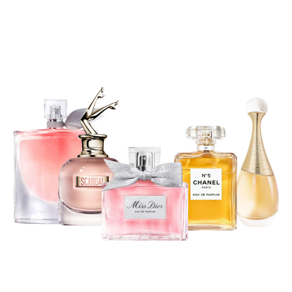 Iconic Set – 5×100ml EDP - 1 x Lancôme La Vie Est Belle, 1 x Jean Paul Gaultier Scandal, 1 x Miss Dior, 1 x Chanel No. 5, 1 x Dior J'adore