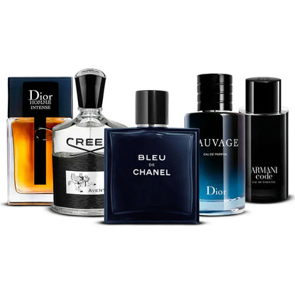 Alpha Set – 5×100ml EDP - 1 x Dior Homme, 1 x Creed Aventus, 1 x Bleu de Chanel, 1 x Dior Sauvage, 1 x Armani Code