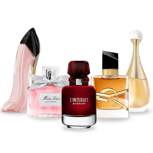 Glamour Set – 5×100ml EDP - 1 x Carolina Herrera Good Girl, 1 x Miss Dior, 1 x Givenchy L'Interdit Rouge, 1 x Yves Saint Laurent Libre, 1 x Dior J'adore