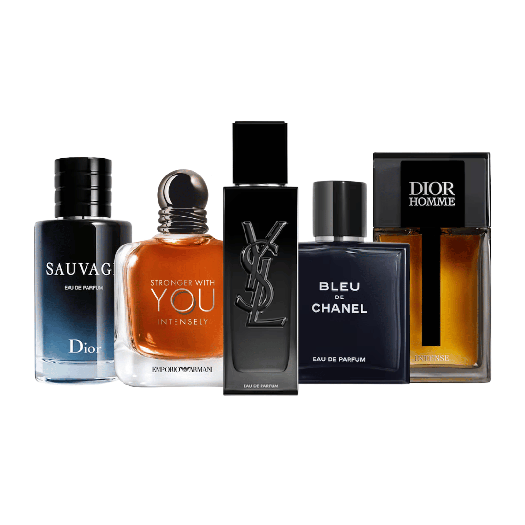 Gentleman Set – 5× 100ml EDP - 1 x Dior Sauvage, 1 x Stronger With You Intensely, 1 x Yves Saint Laurent Myself, 1 x Bleu de Chanel, 1 x Dior Homme