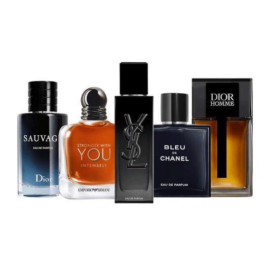 Gentleman Set – 5× 100ml EDP - 1 x Dior Sauvage, 1 x Stronger With You Intensely, 1 x Yves Saint Laurent Myself, 1 x Bleu de Chanel, 1 x Dior Homme
